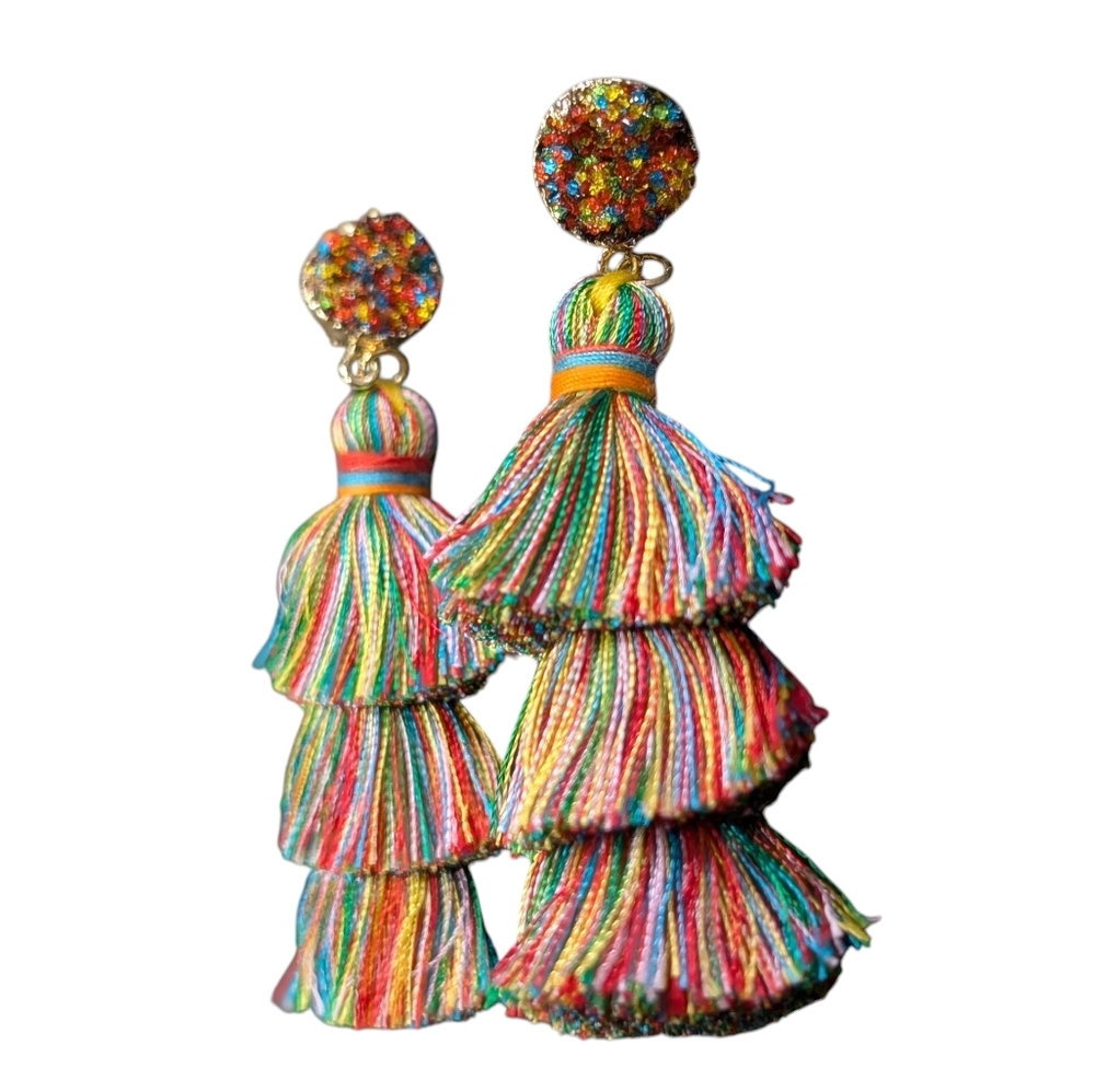 Colorful Rainbow Tiered Tassel Earrings With Gemstone Druzzy Studs